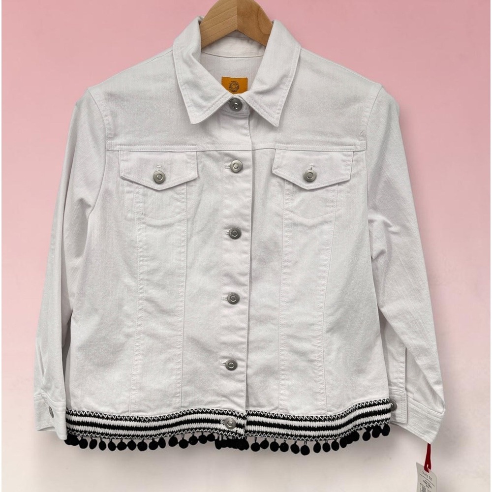 Ruby Rd Womens Size 14 White Denim Jacket Pom Pom Fringe Trim Stretch NWT Boho